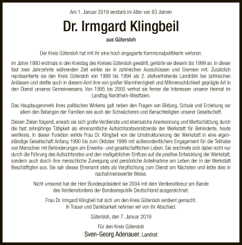 Traueranzeige von Irmgard Klingbeil von Neue Westfälische