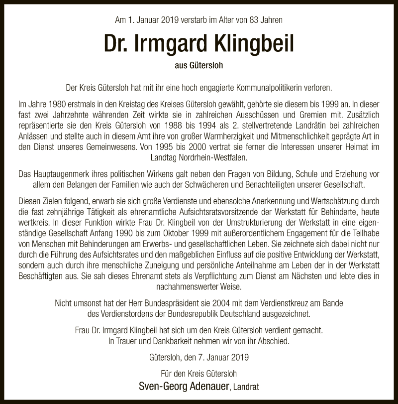  Traueranzeige für Irmgard Klingbeil vom 09.01.2019 aus Neue Westfälische