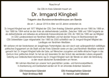 Traueranzeige von Irmgard Klingbeil von Neue Westfälische