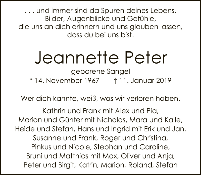  Traueranzeige für Jeannette Peter vom 19.01.2019 aus Neue Westfälische