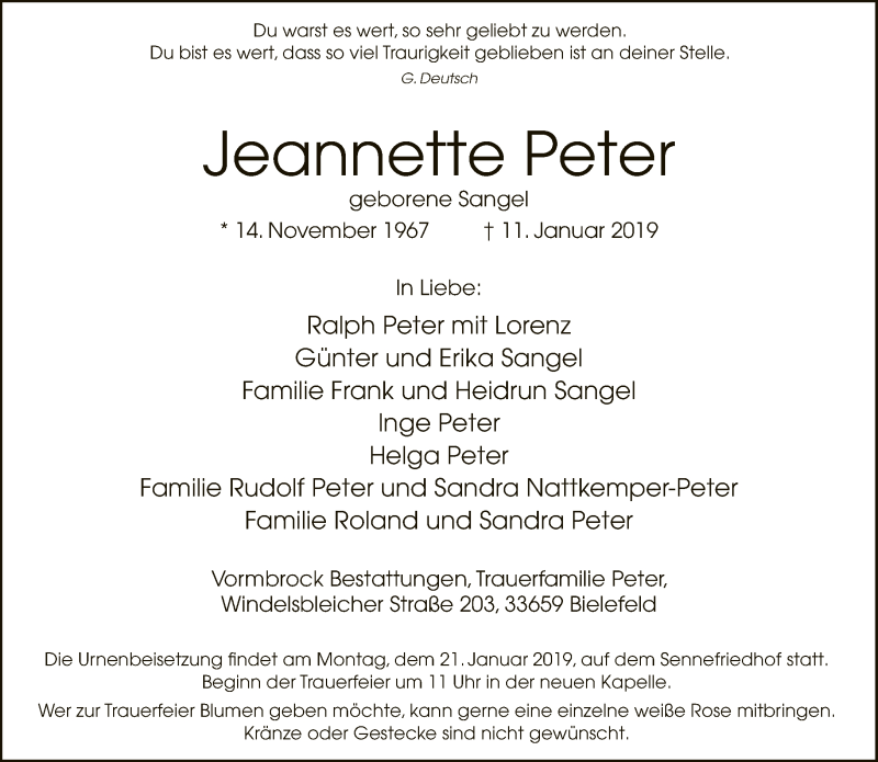  Traueranzeige für Jeannette Peter vom 12.01.2019 aus Neue Westfälische