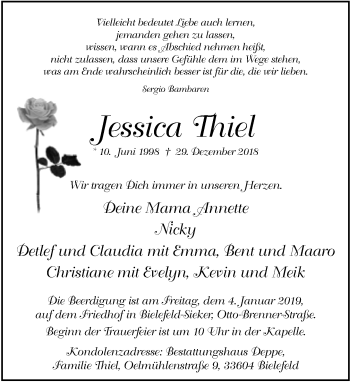 Traueranzeige von Jessica Thiel von Neue Westfälische