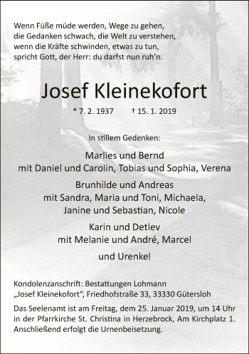 Traueranzeige von Josef Kleinekofort von Neue Westfälische