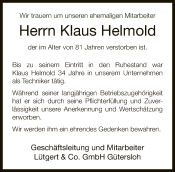 Traueranzeige von Klaus Helmold von Neue Westfälische