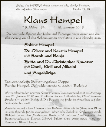 Traueranzeige von Klaus Hempel von Neue Westfälische