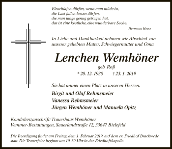 Traueranzeige von Lenchen Wemhöner von Neue Westfälische