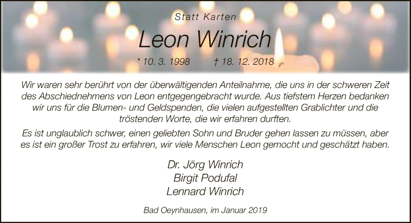  Traueranzeige für Leon Winrich vom 26.01.2019 aus Neue Westfälische