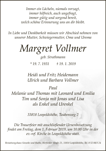 Traueranzeige von Margret Vollmer