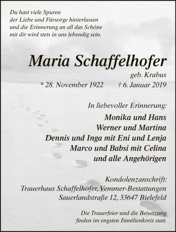 Traueranzeige von Maria Schaffelhofer von Neue Westfälische