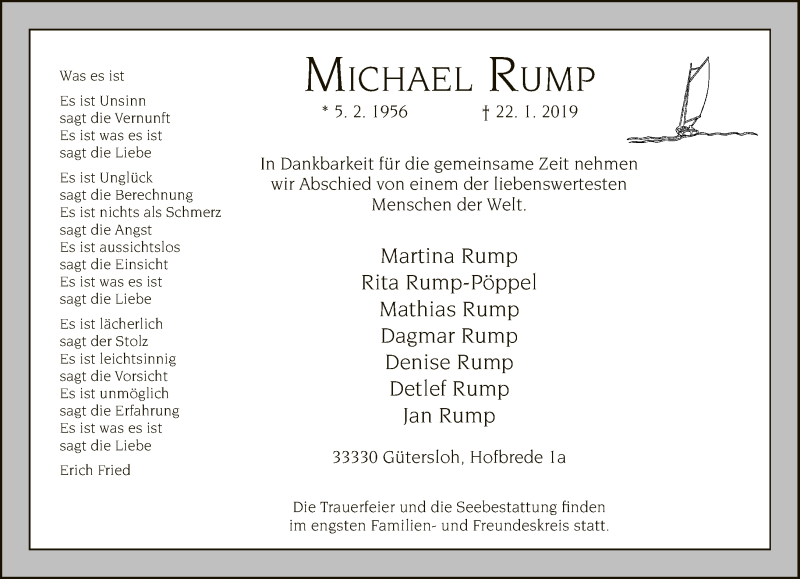  Traueranzeige für Michael Rump vom 25.01.2019 aus Neue Westfälische