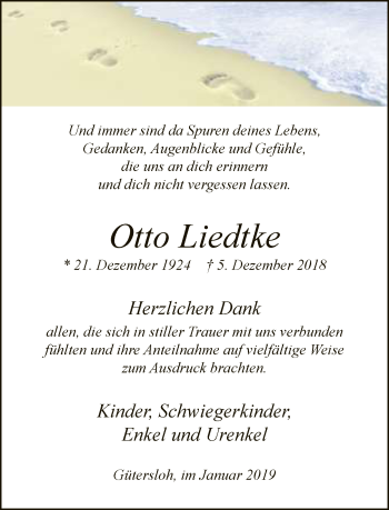 Traueranzeige von Otto Liedtke von Neue Westfälische