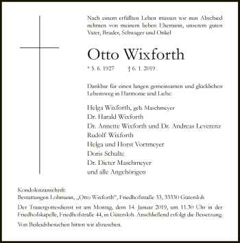 Traueranzeige von Otto Wixforth von Neue Westfälische