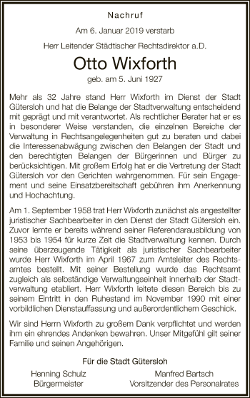 Traueranzeige von Otto Wixforth von Neue Westfälische