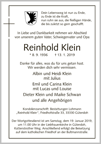 Traueranzeige von Reinhold Klein von Neue Westfälische