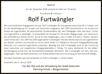 Traueranzeige von Rolf Furtwängler von Neue Westfälische
