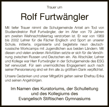 Traueranzeige von Rolf Furtwängler von Neue Westfälische