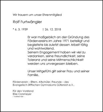 Traueranzeige von Rolf Furtwängler von Neue Westfälische