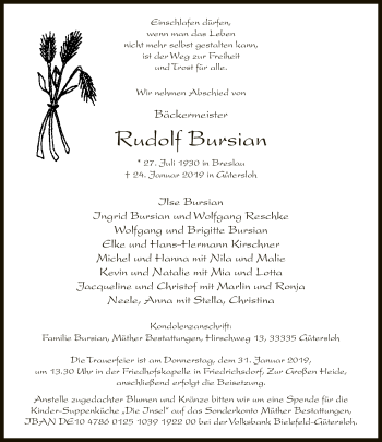 Traueranzeige von Rudolf Bursian von Neue Westfälische