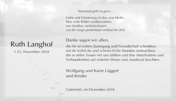 Traueranzeige von Ruth Langhof von Neue Westfälische