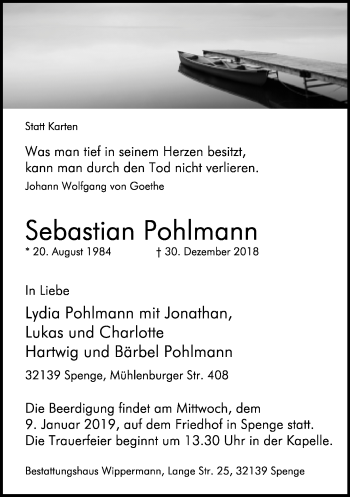 Traueranzeige von Sebastian Pohlmann von Neue Westfälische