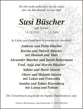 Traueranzeige von Susi Büscher von Neue Westfälische