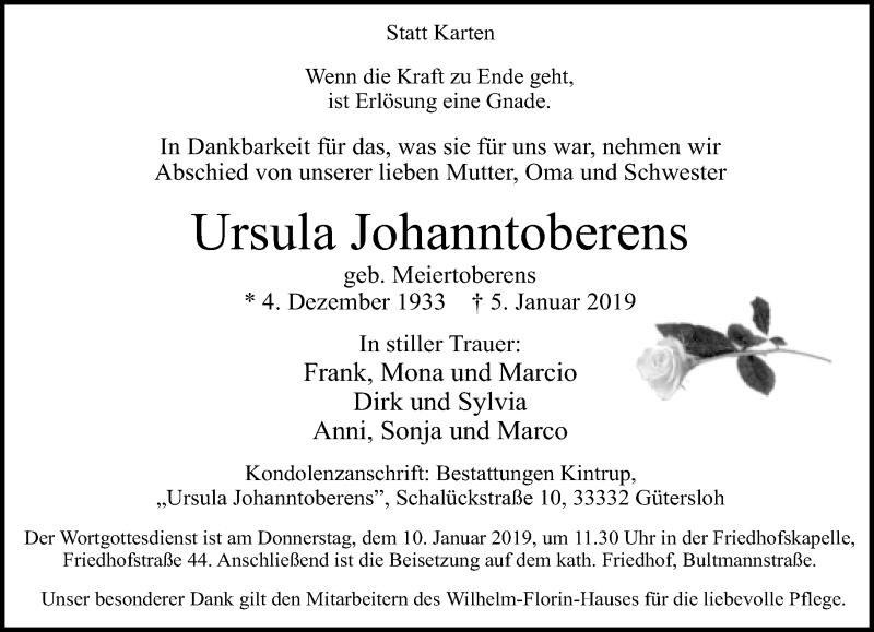  Traueranzeige für Ursula Johanntoberens vom 08.01.2019 aus Neue Westfälische
