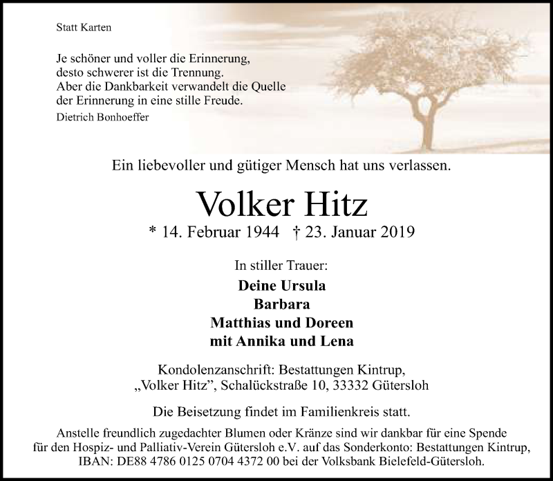  Traueranzeige für Volker Hitz vom 26.01.2019 aus Neue Westfälische