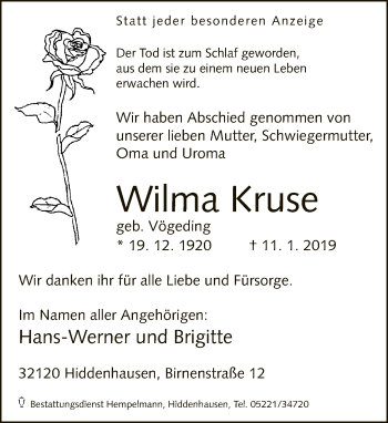 Traueranzeige von Wilma Kruse von Neue Westfälische
