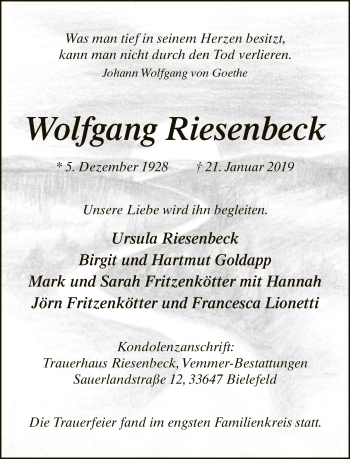 Traueranzeige von Wolfgang Riesenbeck von Neue Westfälische