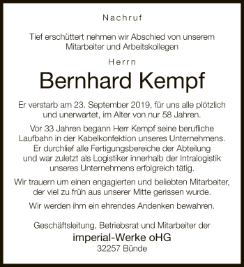 Traueranzeige von Bernhard Kempf von Neue Westfälische