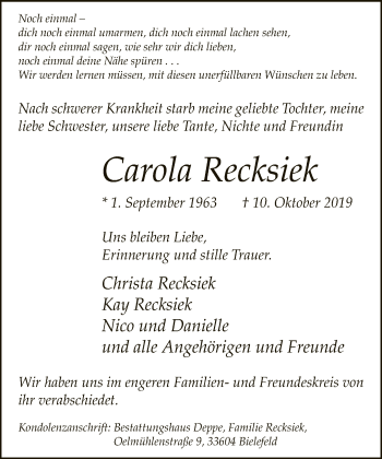Traueranzeige von Carola Recksiek von Neue Westfälische