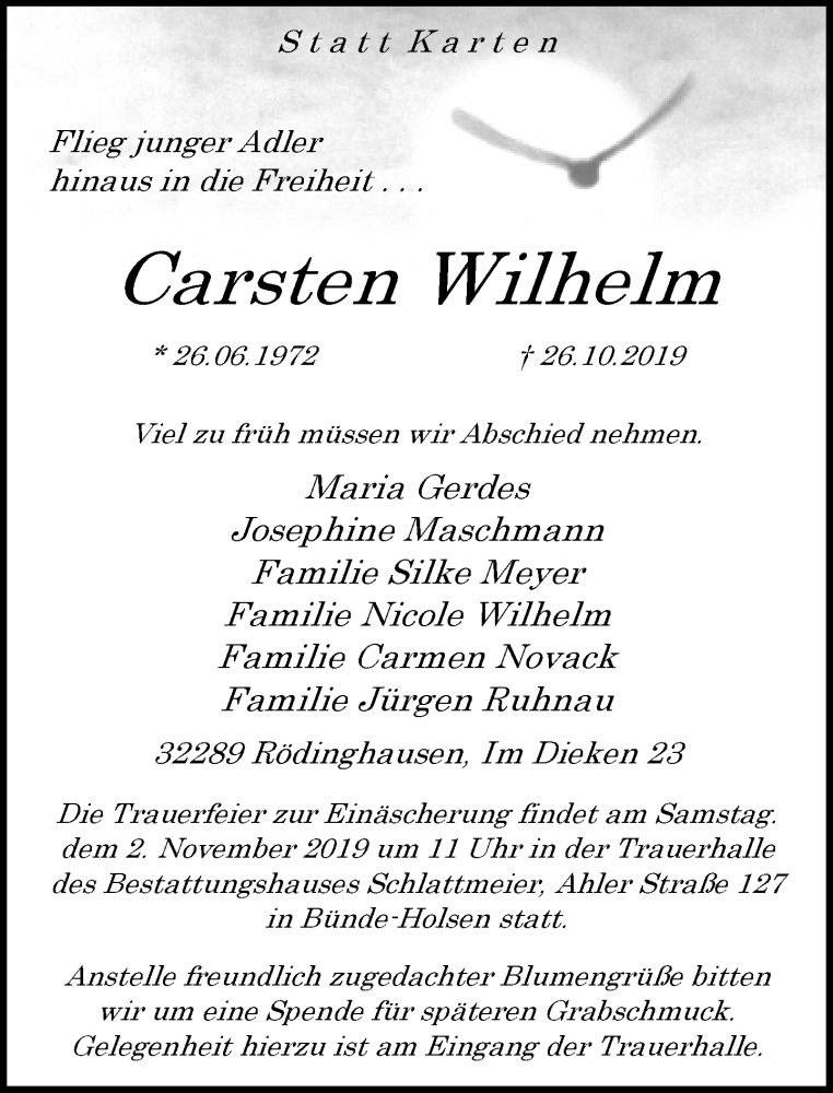  Traueranzeige für Carsten Wilhelm vom 30.10.2019 aus Neue Westfälische