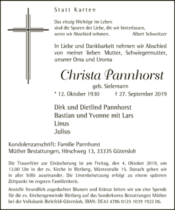 Traueranzeige von Christa Pannhorst von Neue Westfälische