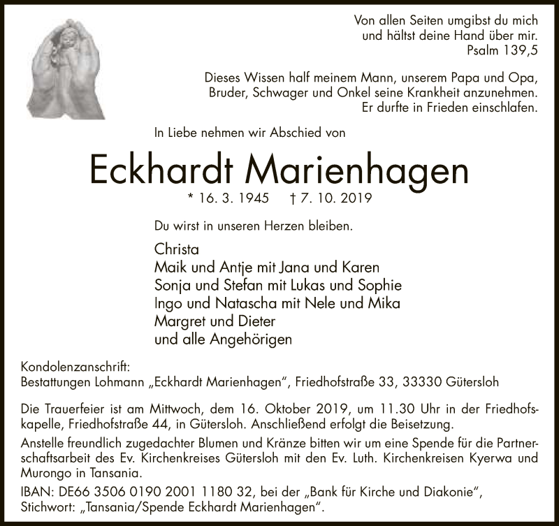  Traueranzeige für Eckhardt Marienhagen vom 12.10.2019 aus Neue Westfälische