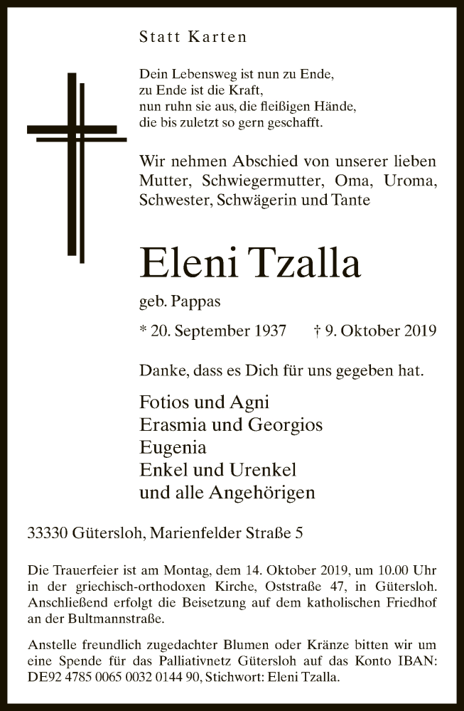  Traueranzeige für Eleni Tzalla vom 12.10.2019 aus Neue Westfälische