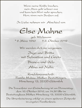 Traueranzeige von Else Mahne von Neue Westfälische