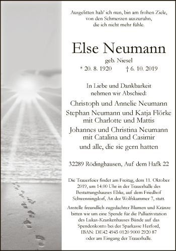 Traueranzeige von Else Neumann von Neue Westfälische