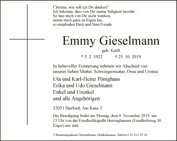 Traueranzeige von Emmy Gieselmann von Neue Westfälische