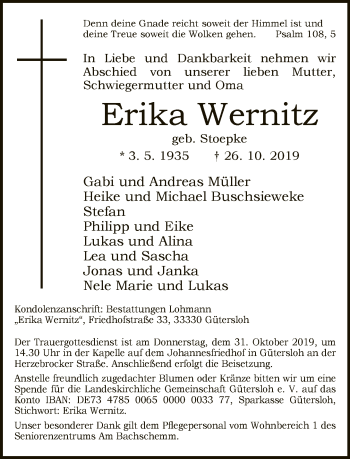 Traueranzeige von Erika Wernitz von Neue Westfälische
