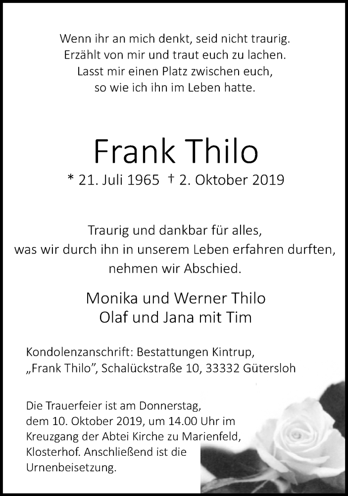  Traueranzeige für Frank Thilo vom 08.10.2019 aus Neue Westfälische