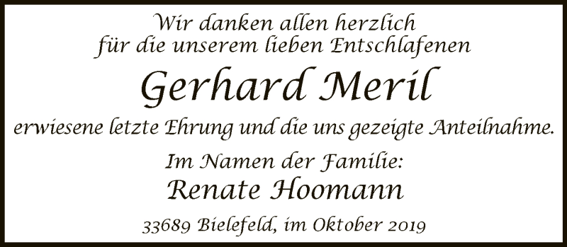  Traueranzeige für Gerhard Meril vom 19.10.2019 aus Neue Westfälische