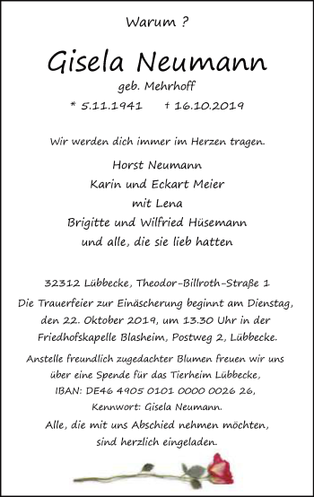 Traueranzeige von Gisela Neumann von Neue Westfälische