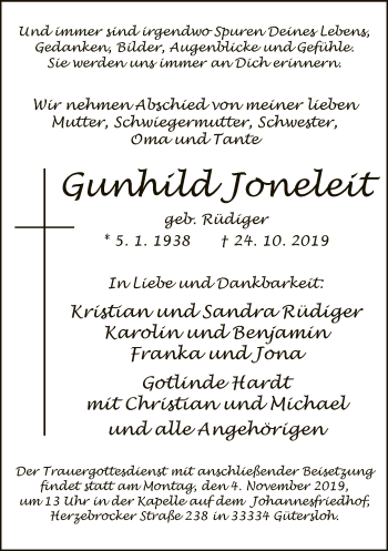 Traueranzeige von Gunhild Joneleit von Neue Westfälische