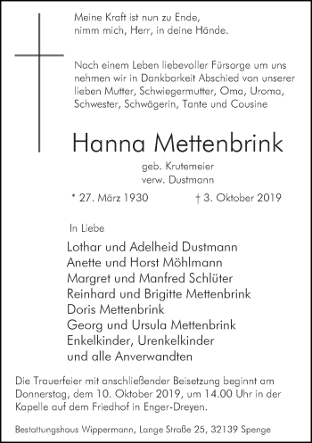 Traueranzeige von Hanna Mettenbrink von Neue Westfälische