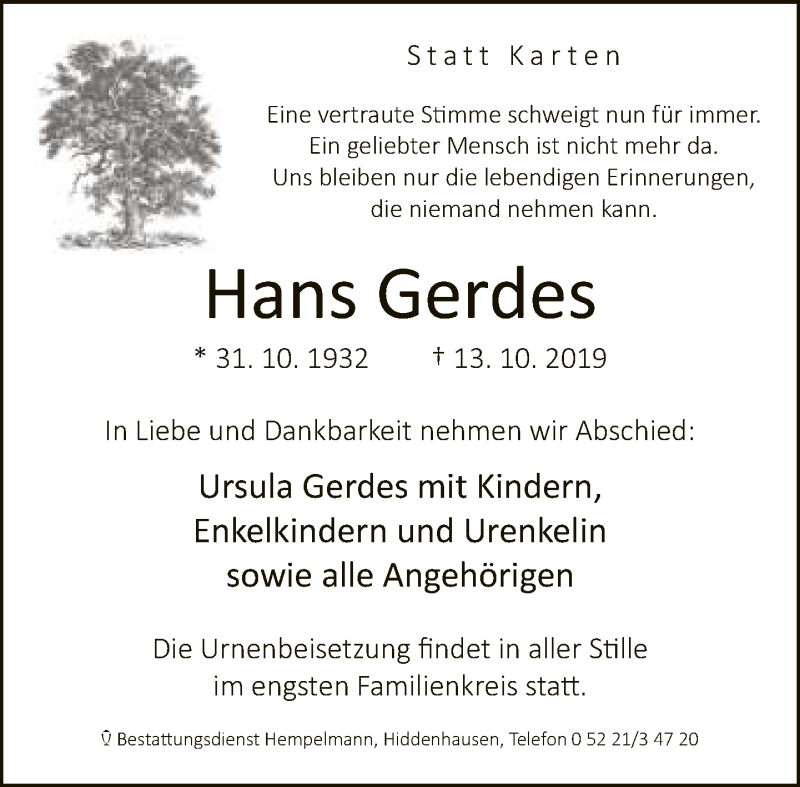  Traueranzeige für Hans Gerdes vom 19.10.2019 aus Neue Westfälische