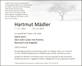 Traueranzeige von Hartmut Mädler von Neue Westfälische