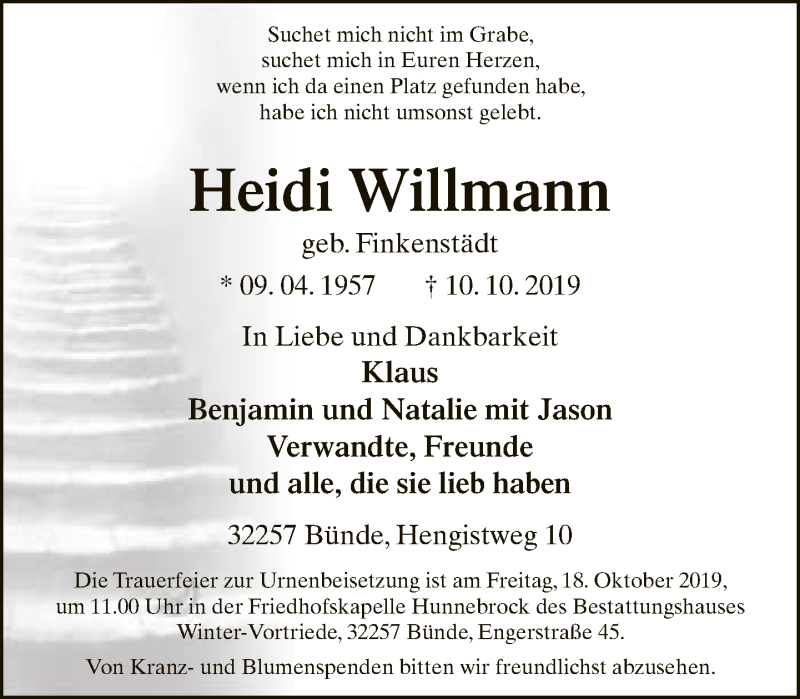  Traueranzeige für Heidi Willmann vom 15.10.2019 aus Neue Westfälische