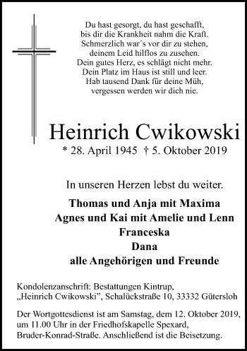 Traueranzeige von Heinrich Cwikowski von Neue Westfälische