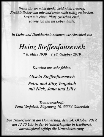 Traueranzeige von Heinz Steffenfauseweh von Neue Westfälische