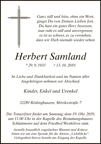 Traueranzeige von Herbert Samland von Neue Westfälische